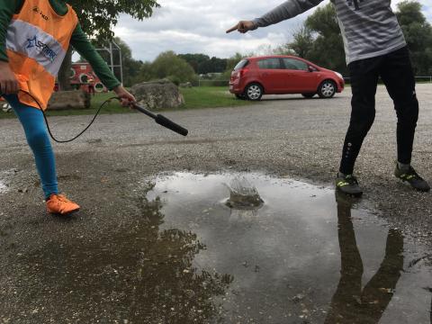 Stein fällt in Pfütze